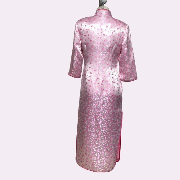 PINK Cherry Blossom Cheongsam Qipao Asian Long Satin Dress Size Small/Medium - Picture 2 of 15